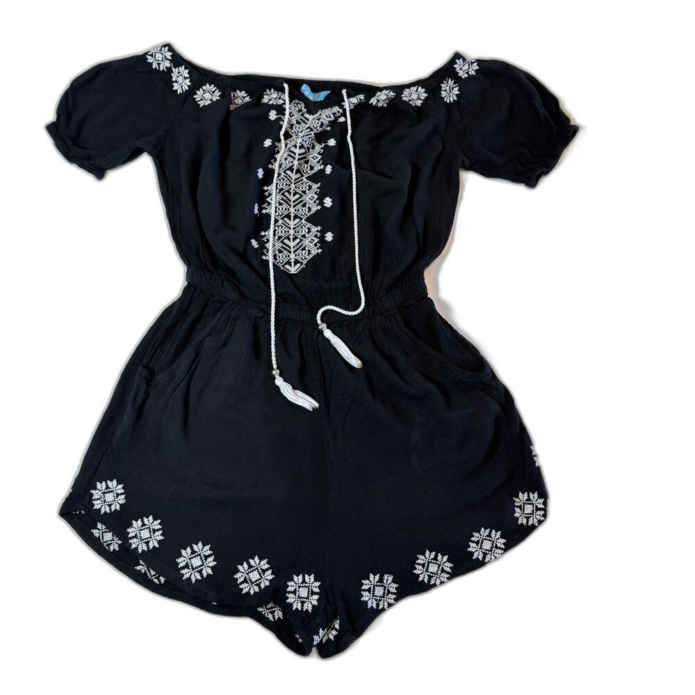 Blue Island Romper Women Small Black Floral Embroidered Pockets Boho Folk